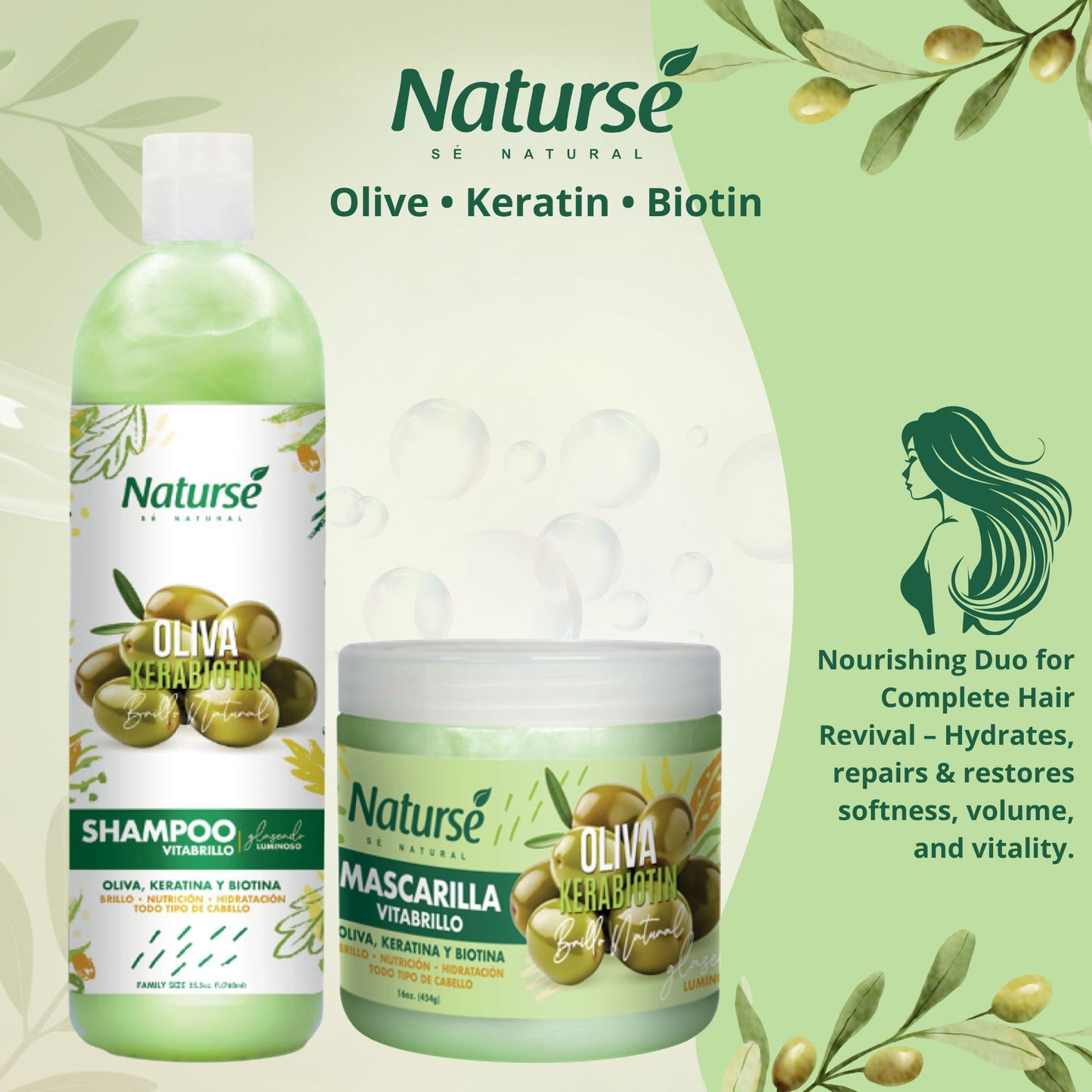 Naturse Shampoo & Hair Mask Duo with Olive, Keratin & Biotin - Strength & Frizz Control