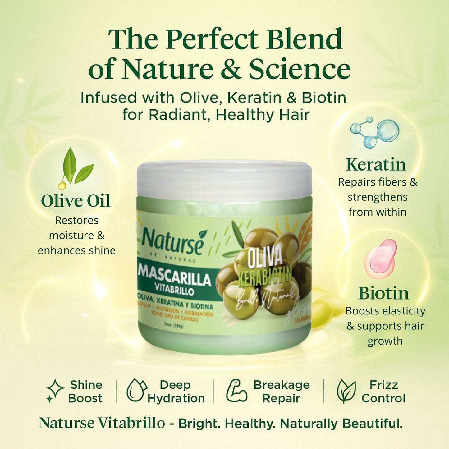 Naturse Vitabrillo Hair Mask 16 oz - Olive, Keratin & Biotin Deep Conditioning Treatment