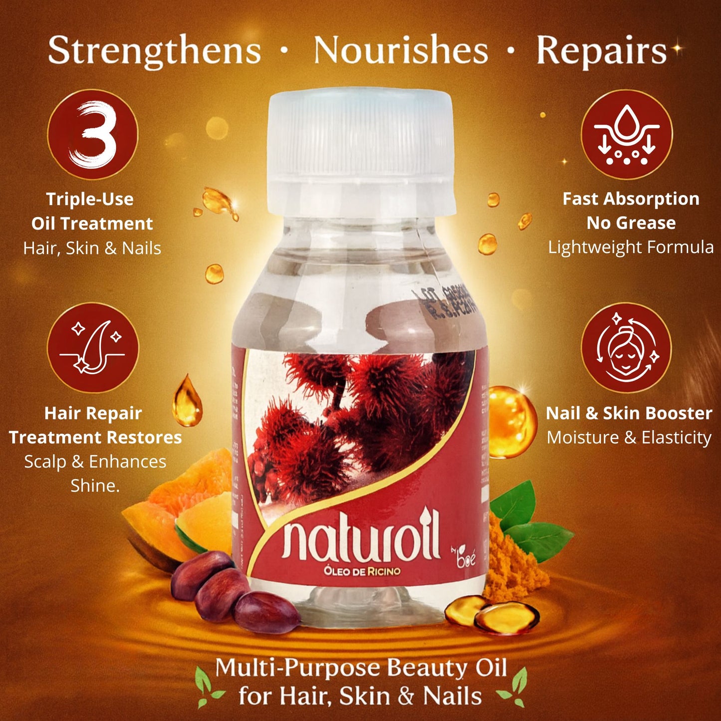 Naturoil Castor Oil for Hair, Skin & Nails 2 oz - Rich in Fatty Acids & Vitamin E