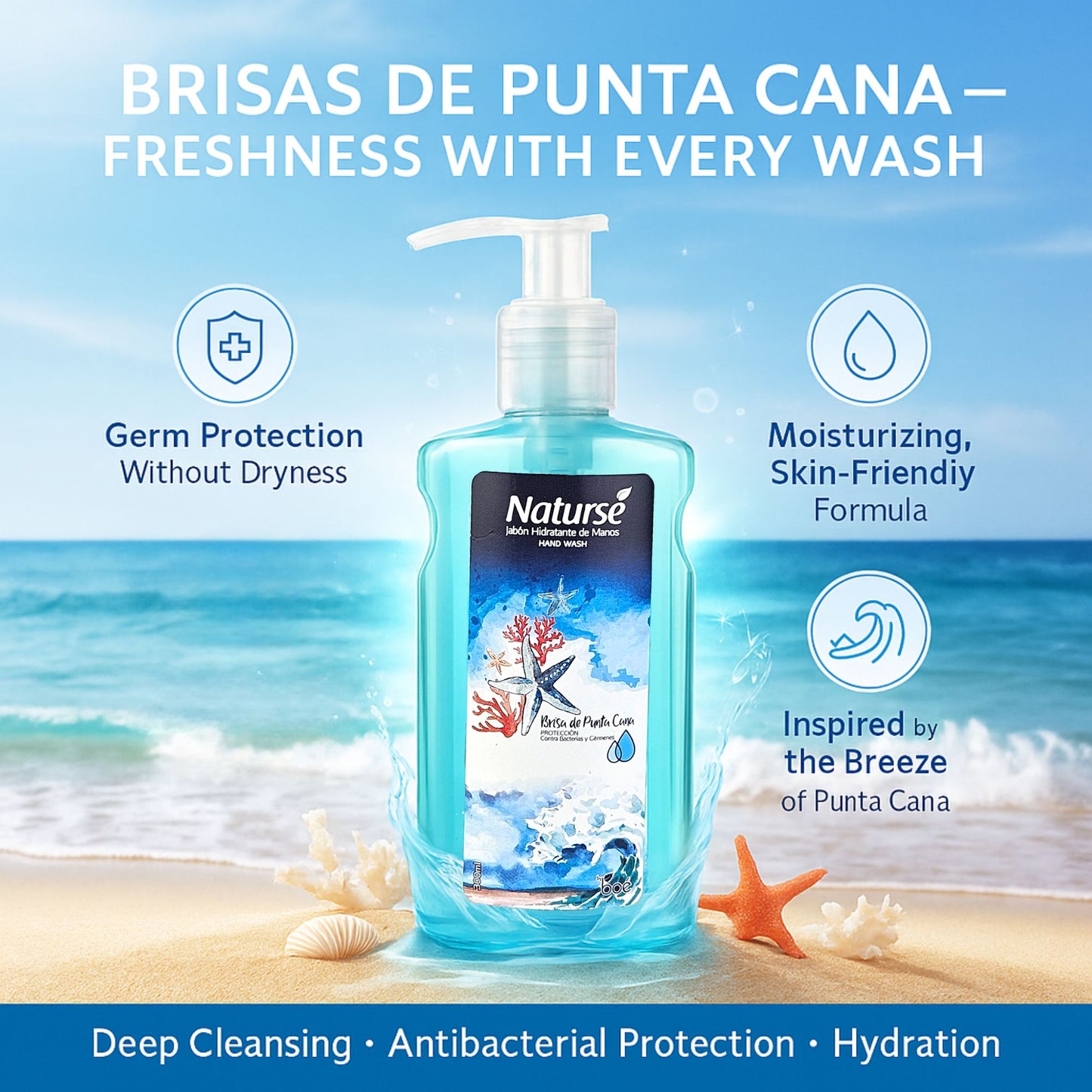 Boe Naturse Hydrating Hand Soap 10 oz - Brisas de Punta Cana Scent - Moisturizing Antibacterial Liquid Soap