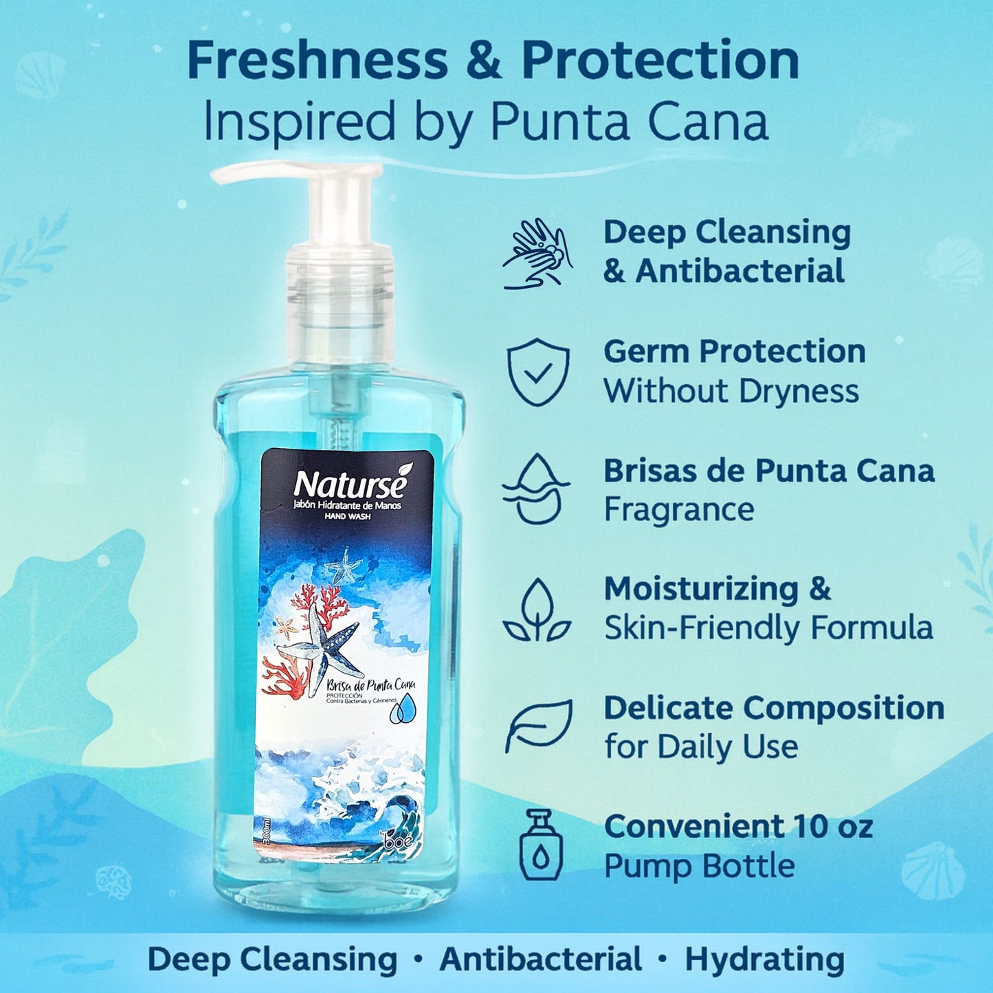 Boe Naturse Hydrating Hand Soap 10 oz - Brisas de Punta Cana Scent - Moisturizing Antibacterial Liquid Soap