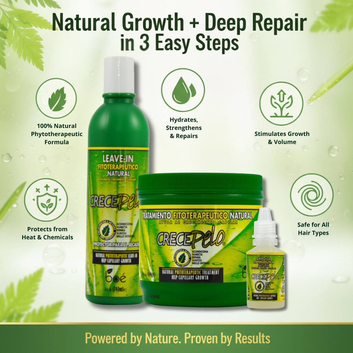 CrecePelo 3-Step Hair Growth & Repair Bundle - Leave-In Cream + Deep Conditioning Mask + Natural Ampoule