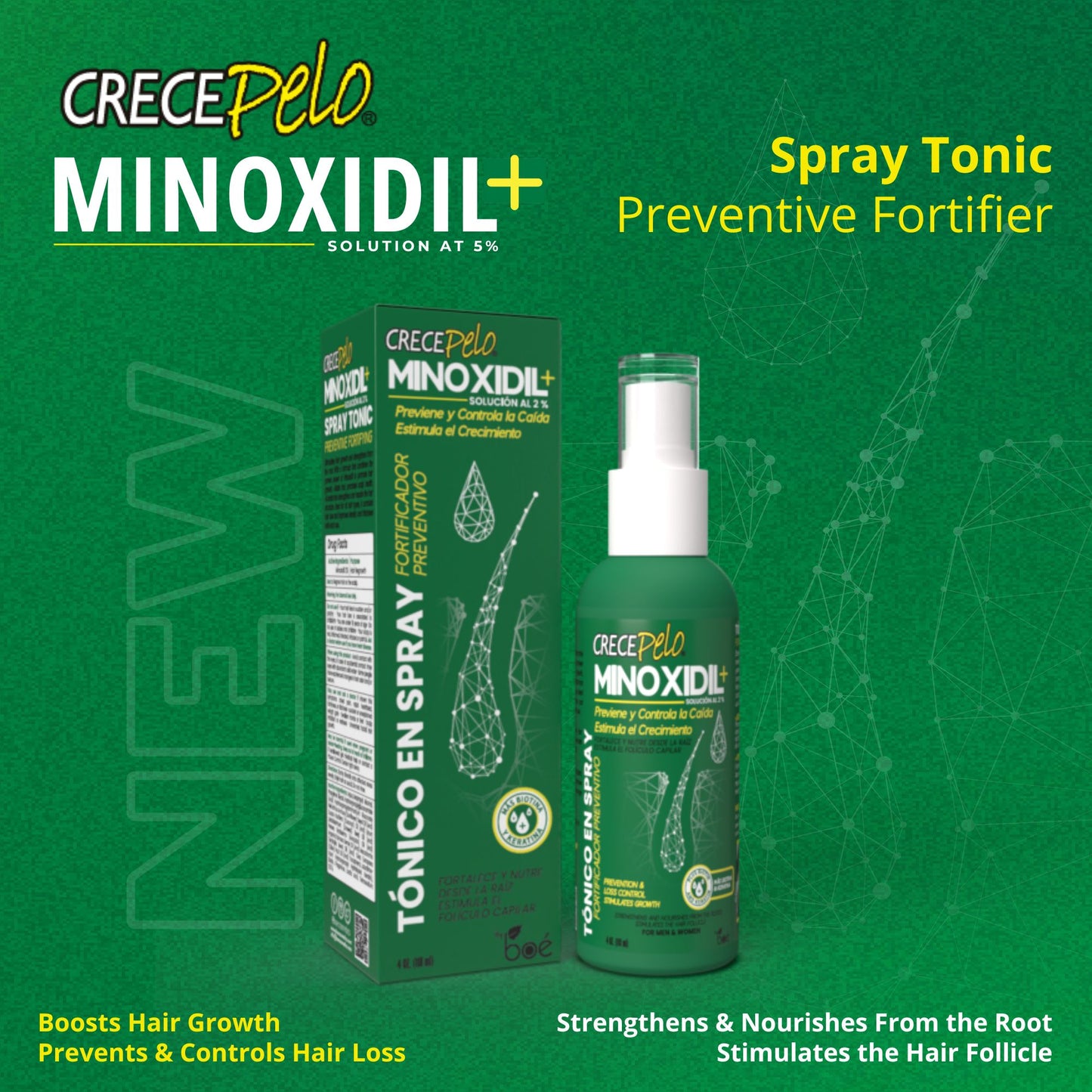 CrecePelo Minoxidil 2% Hair Spray Tonic 4 oz - Anti-hair loss Treatment