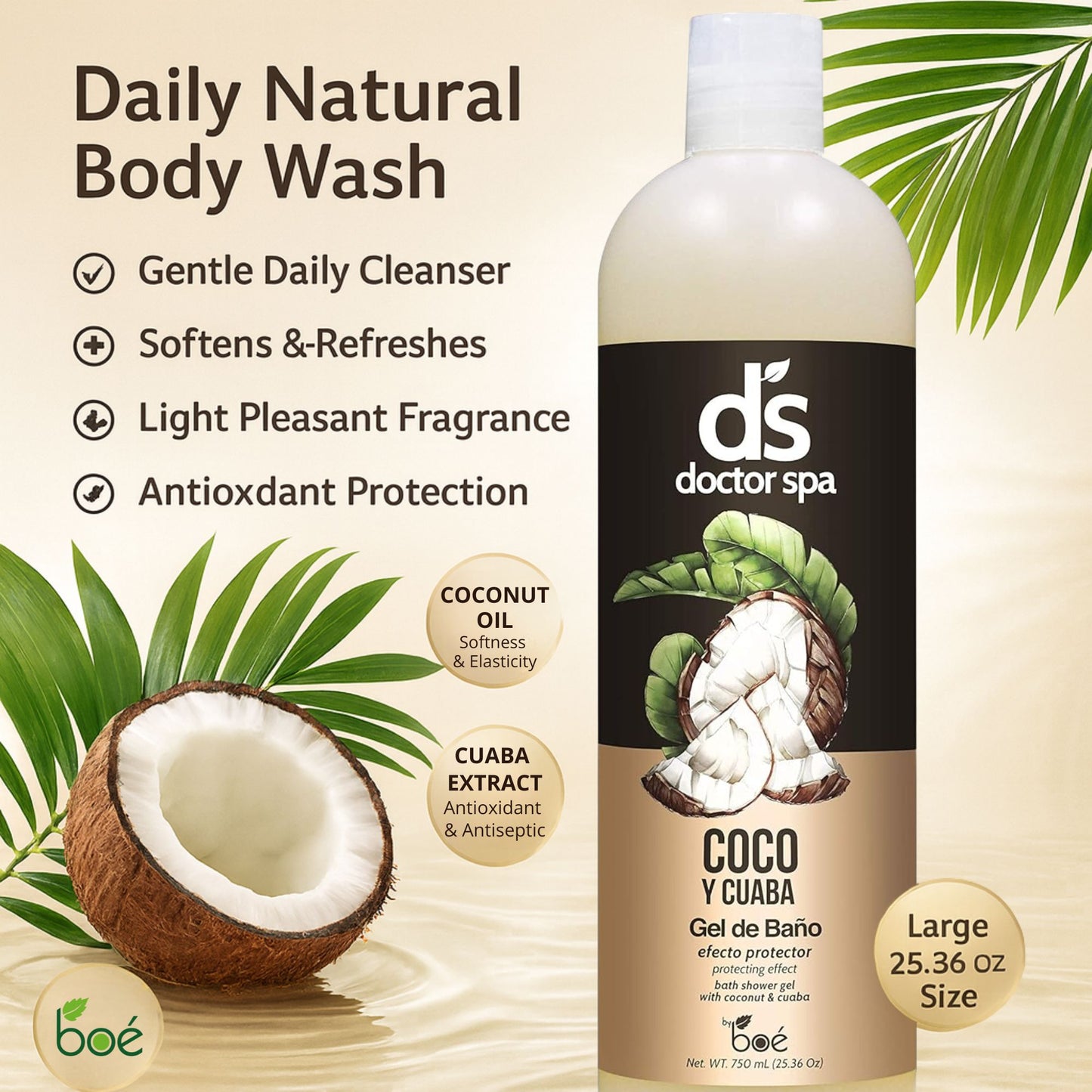 Doctor Spa Coconut & Cuaba Bath Shower Gel 25.36 oz - Daily Natural Body Wash w/ Coconut Oil & Cuaba Extract