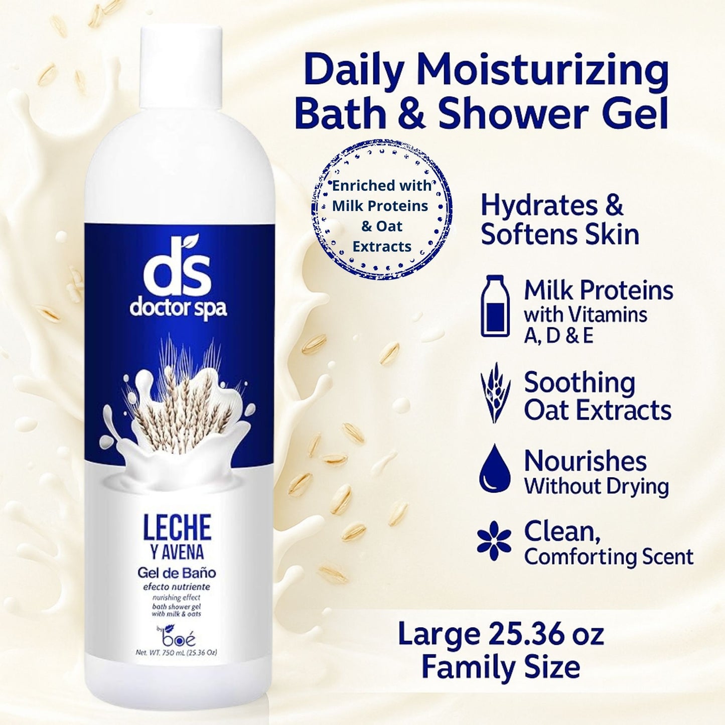 Doctor Spa Milk & Oats Bath Shower Gel 25.36 oz - Daily Moisturizing Body Wash with Vitamins A, D, E