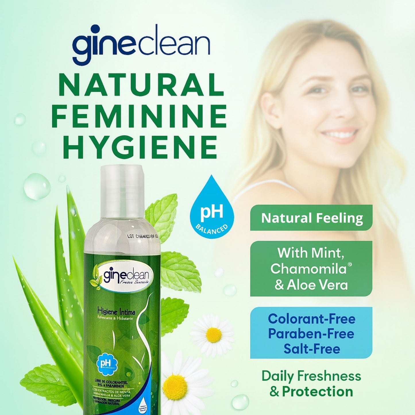 Gineclean Feminine Wash 8.8 oz - Natural Intimate Cleanser with Mint