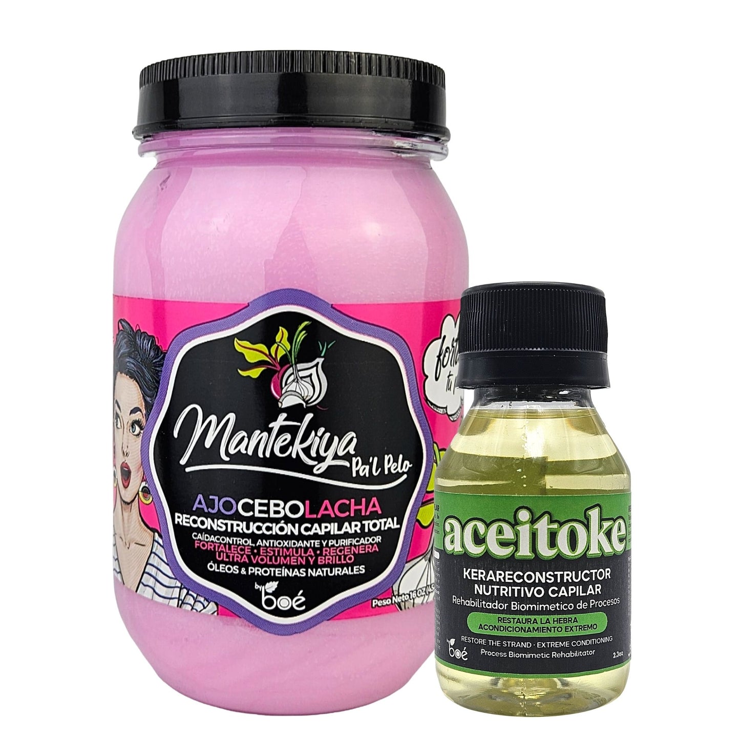 Hair Repair & Anti-Hair Loss Bundle - Mantekiya Pal Pelo Garlic-Onion-Beet Hair Butter 16 oz + Aceitoke KeraReconstructor 2.3 oz