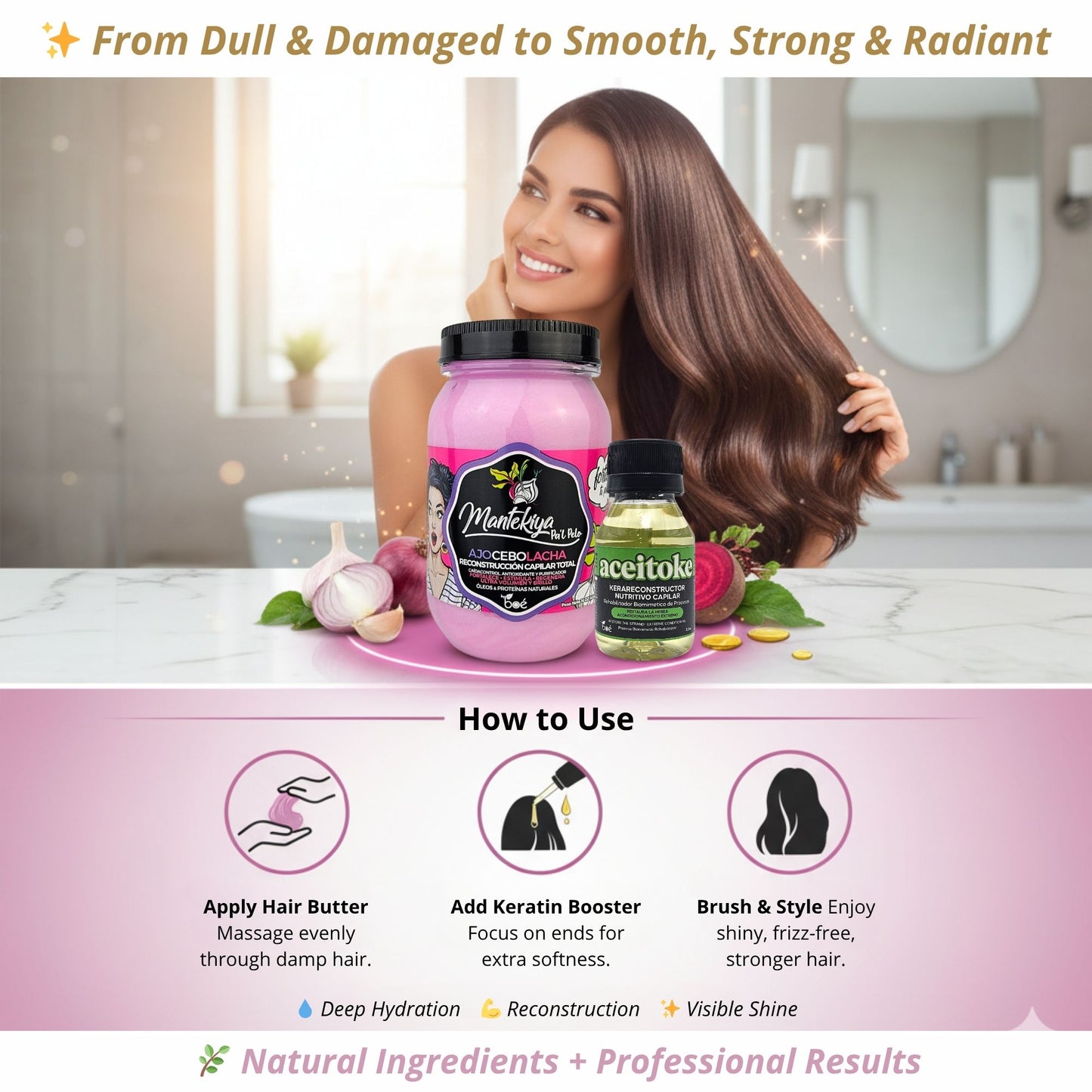 Hair Repair & Anti-Hair Loss Bundle - Mantekiya Pal Pelo Garlic-Onion-Beet Hair Butter 16 oz + Aceitoke KeraReconstructor 2.3 oz