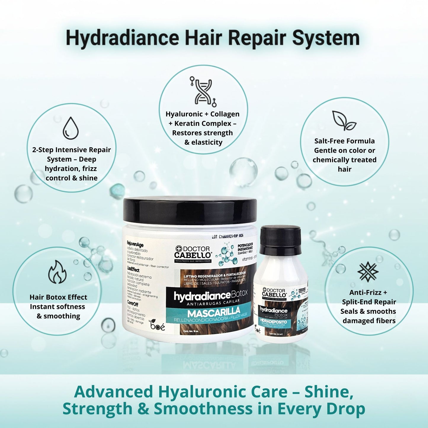 Hydradiance Botox Hair Repair Bundle - Anti-Frizz Hair Filler Mask 16 oz + Anti-Wrinkle Hair Bomb 2.4 oz