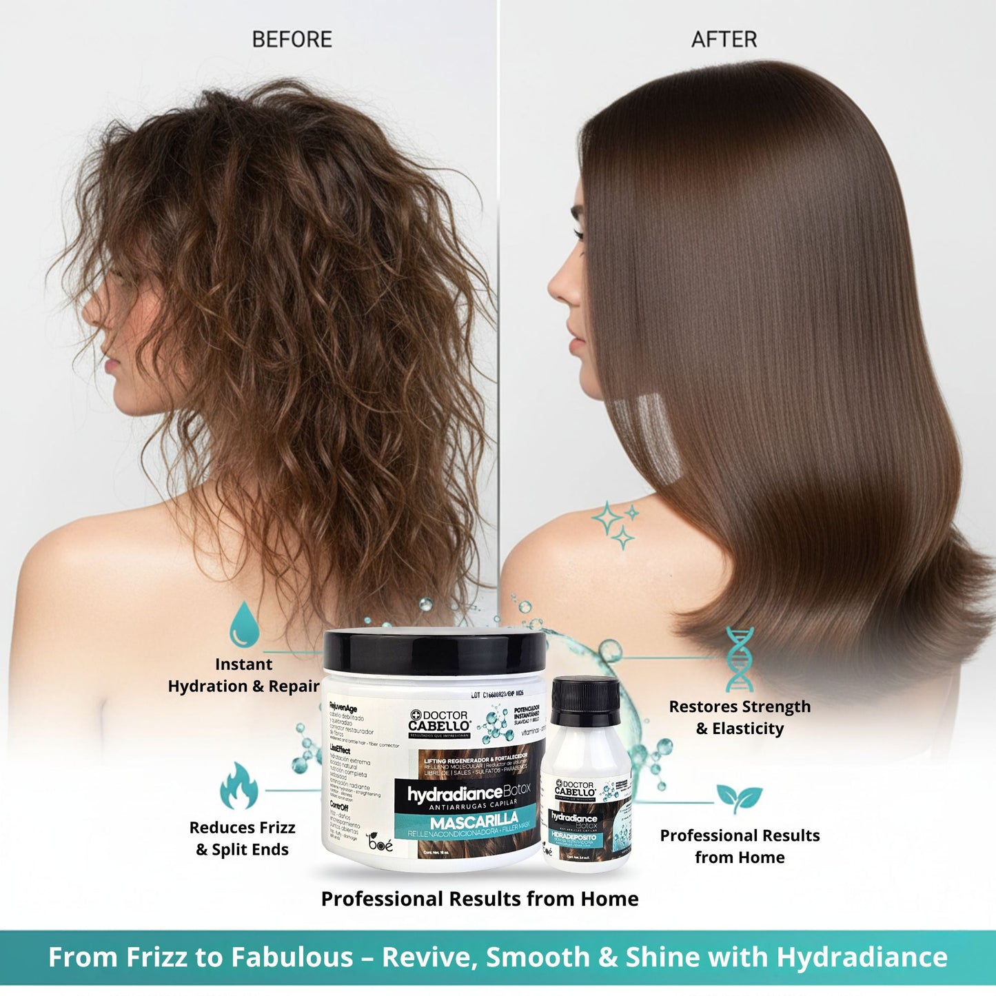 Hydradiance Botox Hair Repair Bundle - Anti-Frizz Hair Filler Mask 16 oz + Anti-Wrinkle Hair Bomb 2.4 oz