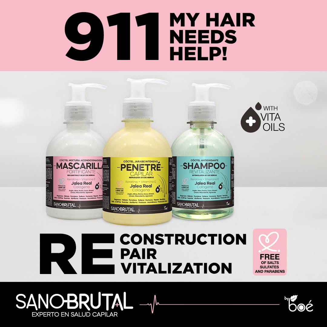 Jalea Real SanoBrutal Professional Hair Restoration Kit - Shampoo, Deep Conditioning Mask & Heat-Activated Treatment Syrup (3-Pack Bundle)
