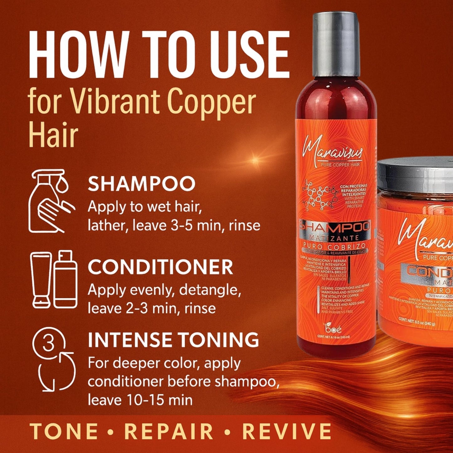 Maravisus Pure Copper Hair Conditioner 8.5 oz - Color Enhancer & Revitalizer for Dyed and Bleached Hair