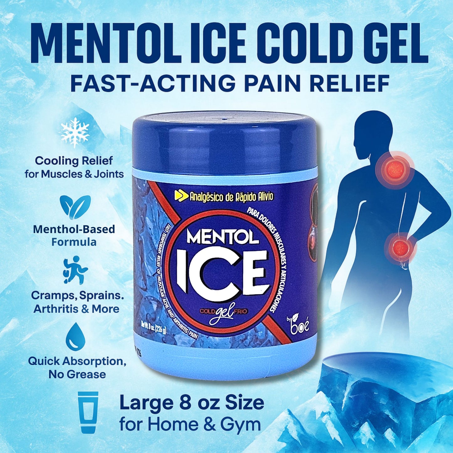 Mentol Ice Cold Gel - 8 oz Pain Relief Gel for Muscles & Joints