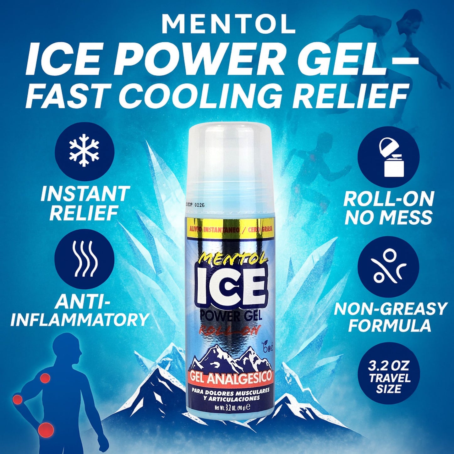 MENTOL ICE POWER GEL ROLL ON - 3.2 oz - Fast-Acting Cold Therapy Gel for Muscle & Joint Pain Relief