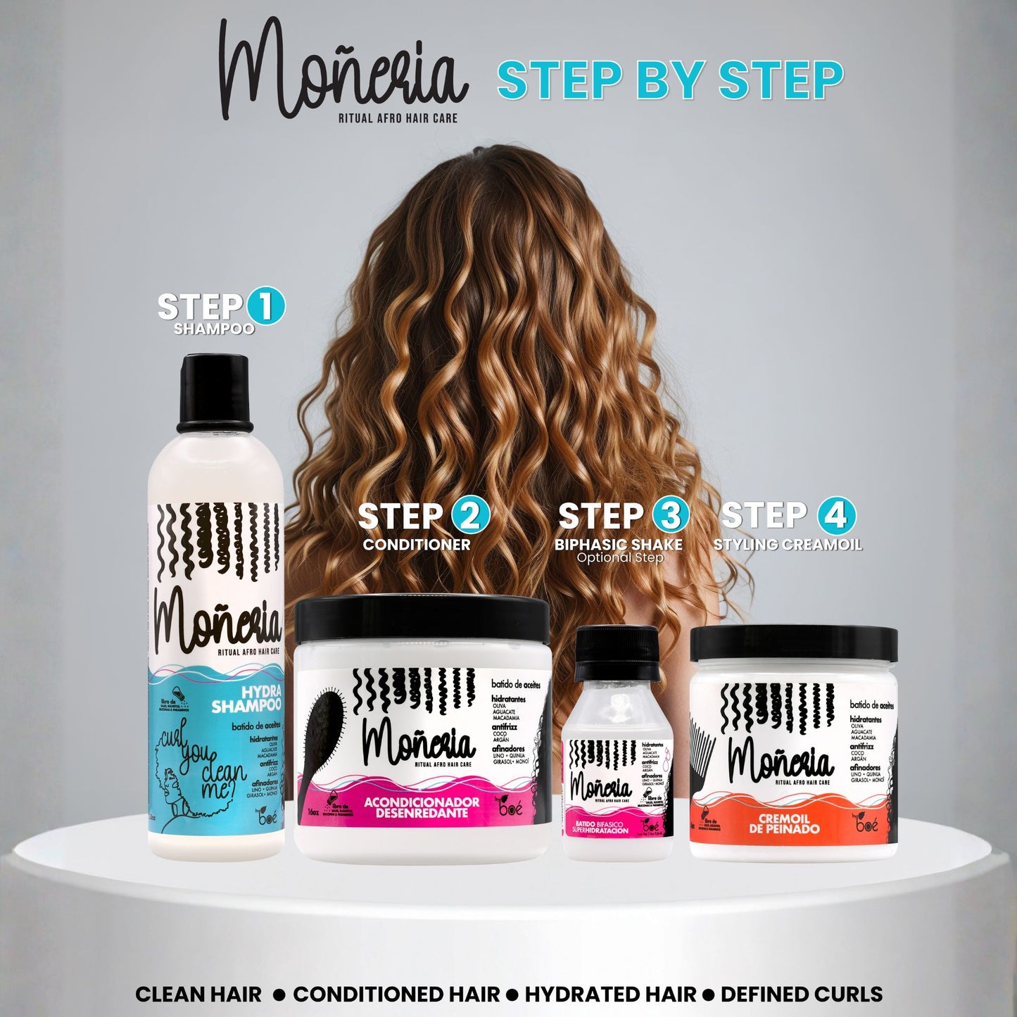 Moneria Ritual Afro Hair Care Kit 4-in-1 – Hydra Shampoo 12.5 oz + Detangling Conditioner 16 oz + Biphasic Shake 2.3 oz + Styling CreamOil 8 oz