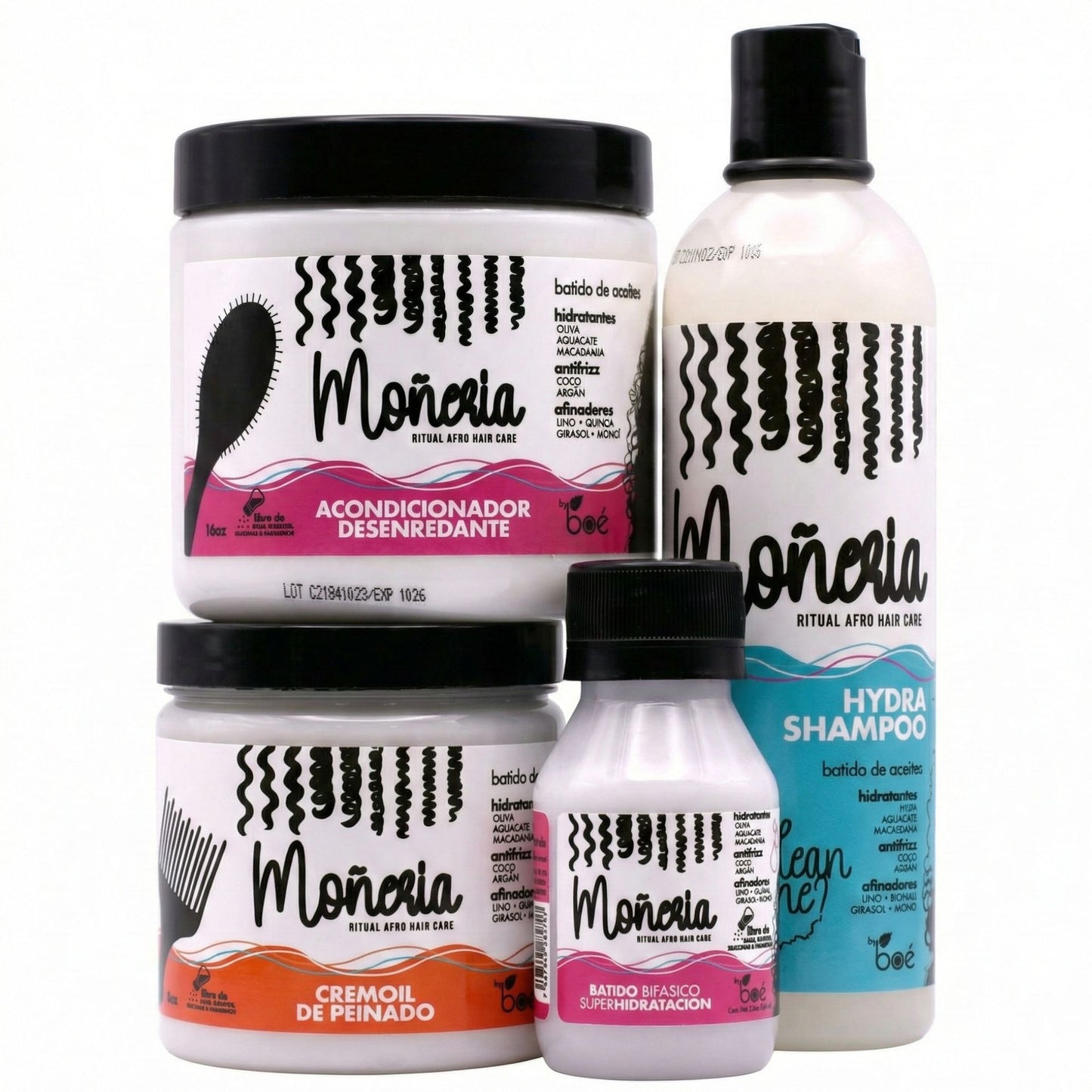 Moneria Ritual Afro Hair Care Kit 4-in-1 – Hydra Shampoo 12.5 oz + Detangling Conditioner 16 oz + Biphasic Shake 2.3 oz + Styling CreamOil 8 oz