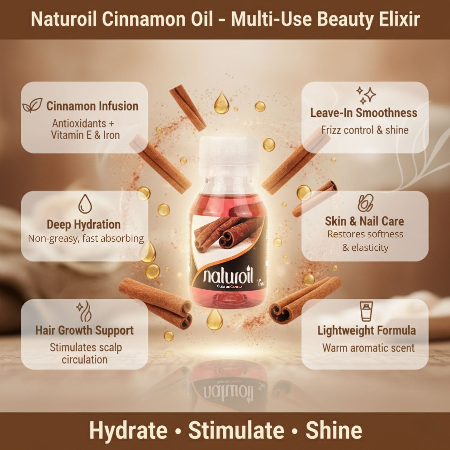 Naturoil Cinnamon Oil for Hair, Skin & Nails 2 oz - Stimulating Beauty Oil