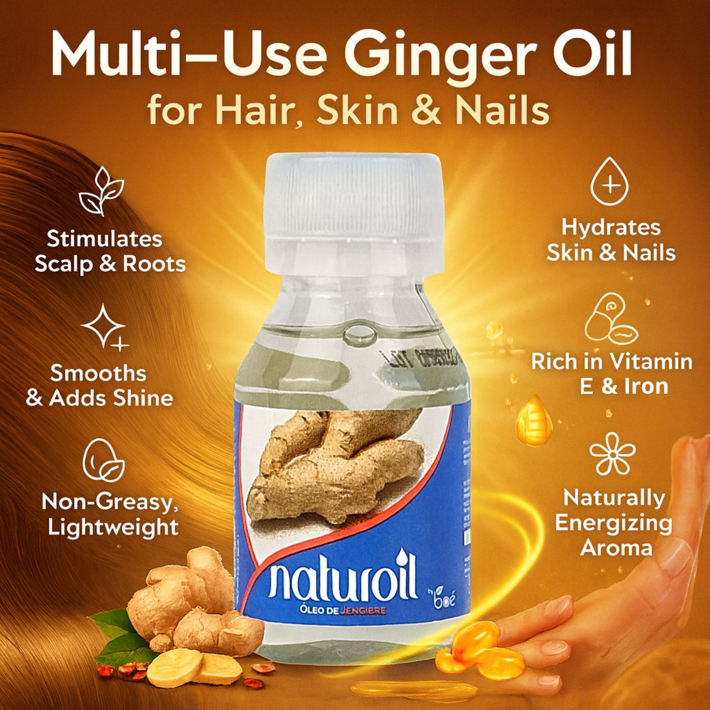 Naturoil Ginger Oil 2 oz - Revitalizing Oil for Hair, Scalp, Skin & Nails