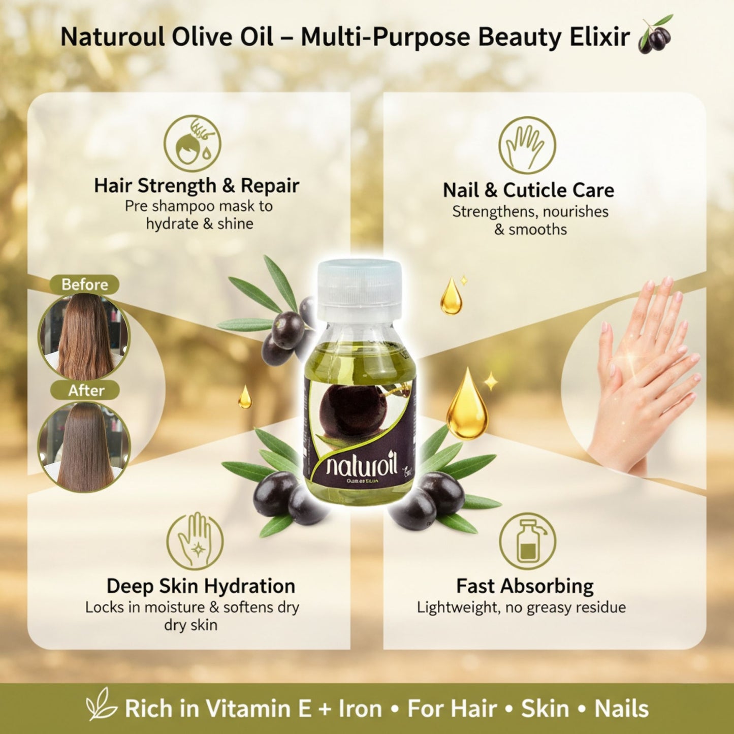 Naturoil Olive Oil for Hair, Skin & Nails 2 oz - Deeply Moisturizing Beauty Oil