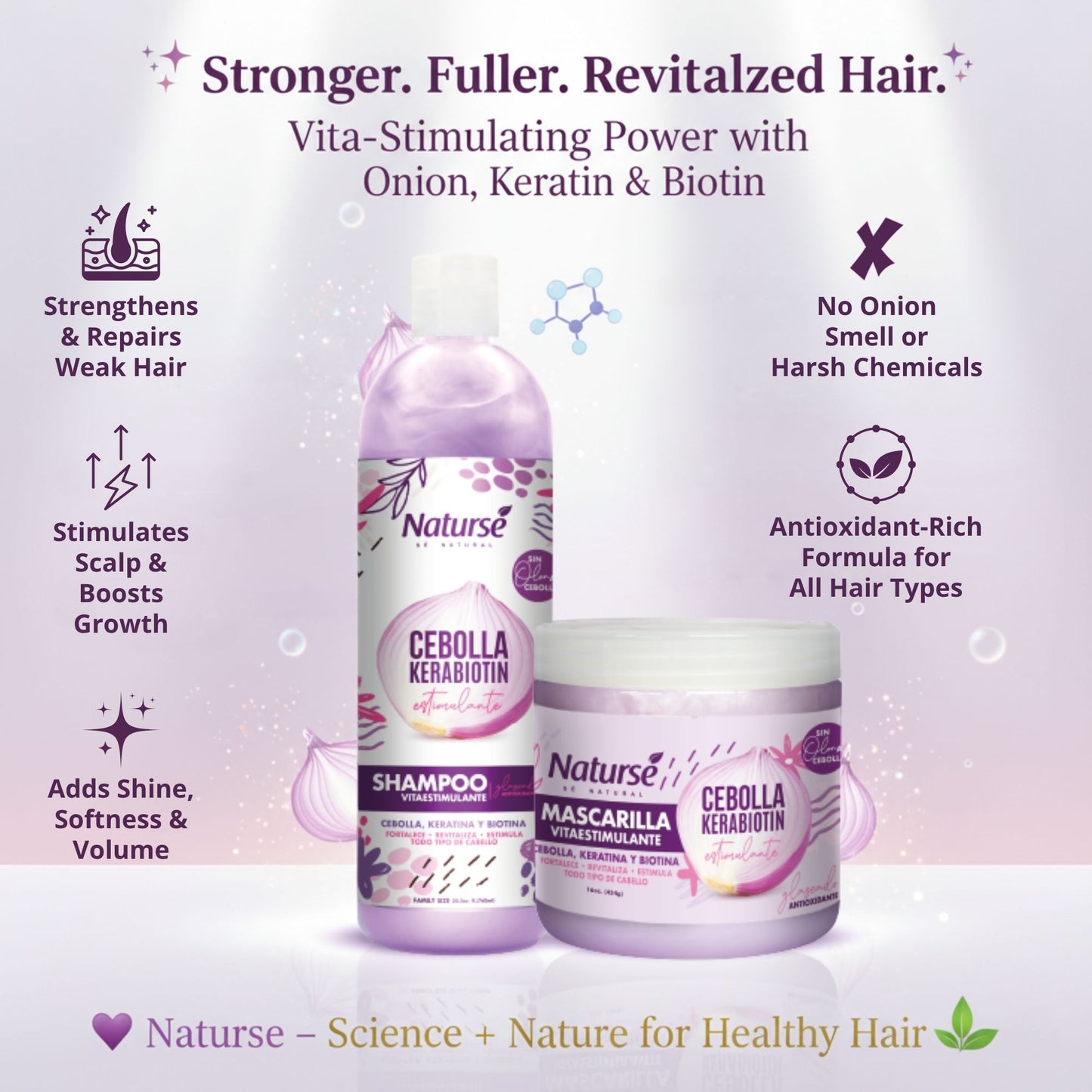 Naturse Hair Growth Kit - Vita-Stimulating Shampoo 25.5 oz + Hair Mask 16 oz - Onion, Keratin & Biotin