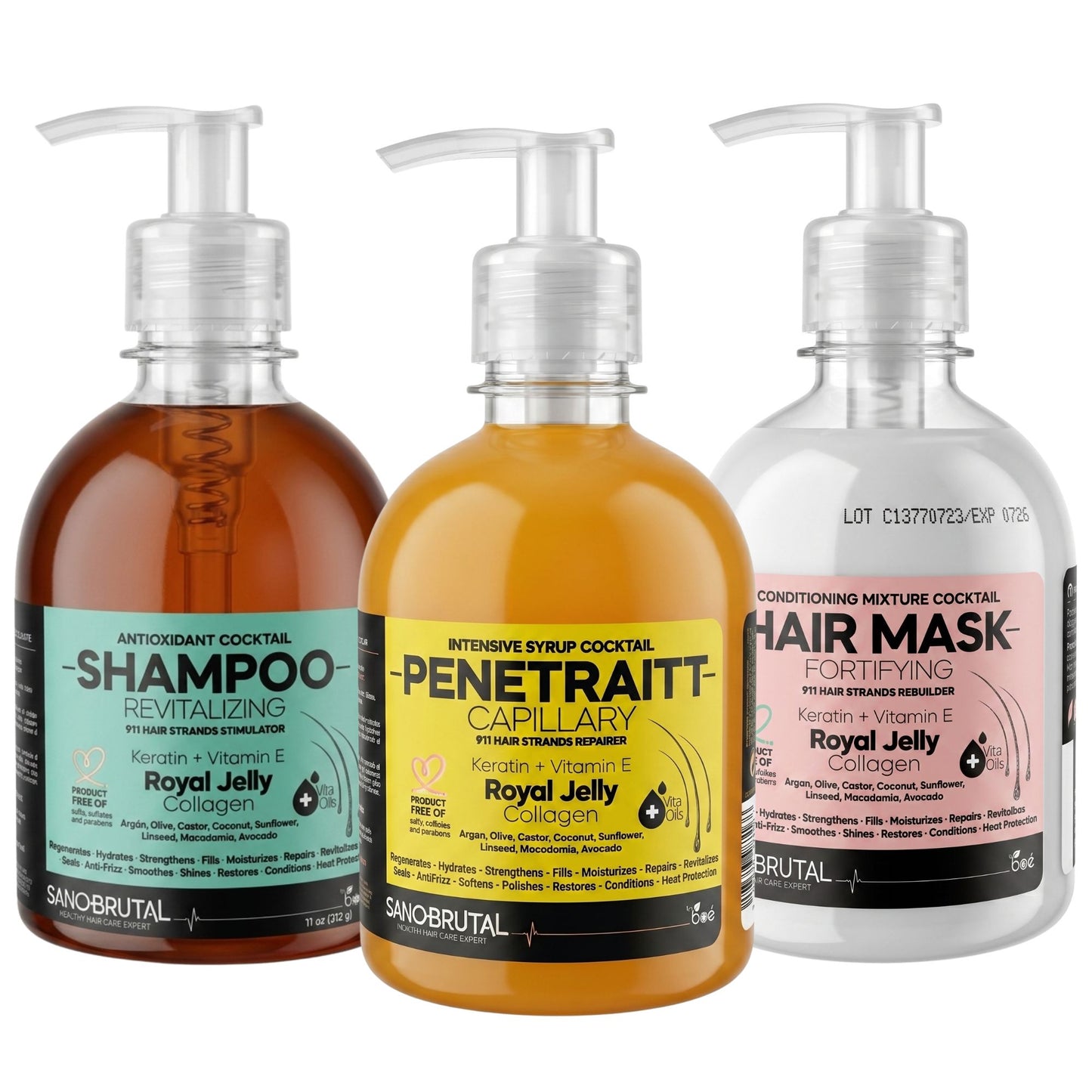 Jalea Real SanoBrutal Professional Hair Restoration Kit - Shampoo, Deep Conditioning Mask & Heat-Activated Treatment Syrup (3-Pack Bundle)